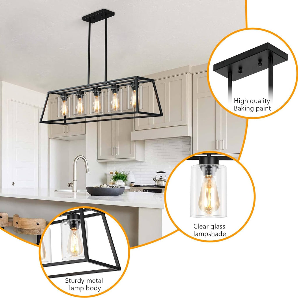 Kitchen Island Lighting,5-Light Black Chandeliers for Dining Room Light Fixtures Over Table, Farmhouse Rectangle Chandelier Island Lights for Kitchen with Cylinder Clear Glass