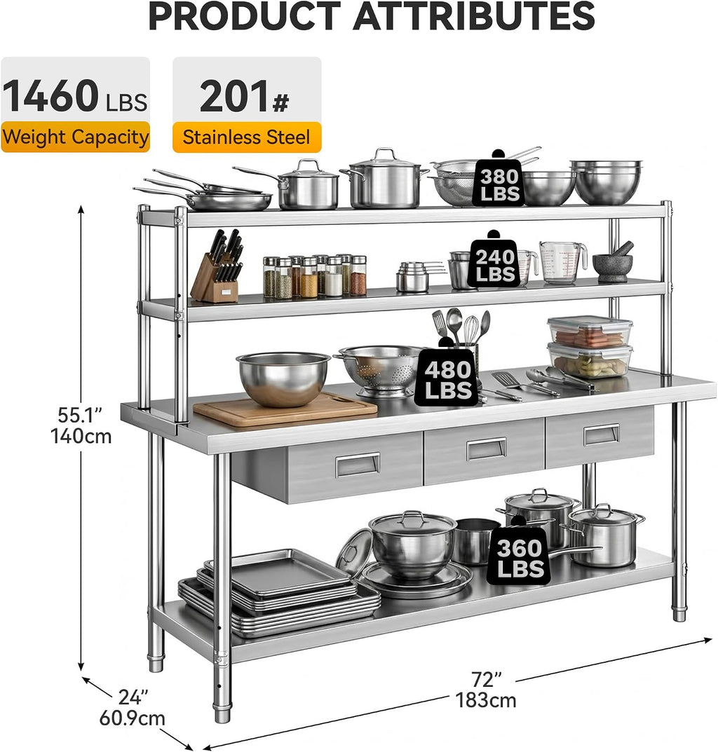 DWVO 72x24in Stainless Steel Table, NSF Metal Prep Worktable with Adjustable Overshelf & 3 Drawers for Kitchen Restaurant Hotel Garage Warehouse Home