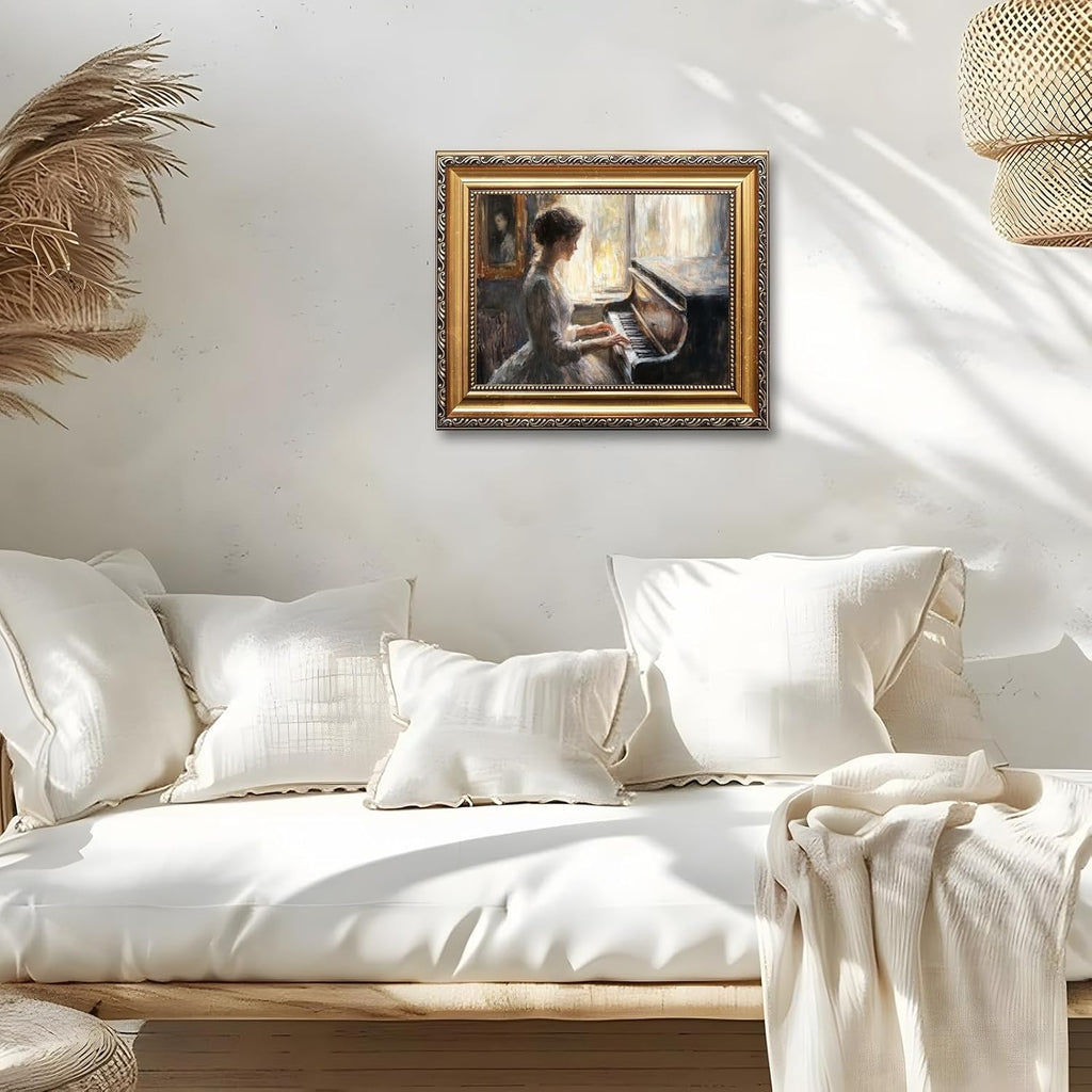 Large Framed Victorian Woman Piano Oil Painting Wall Art Elegant Lady by Window Canvas Print Classical Music Poster Room Decor Vintage European Picture Artwork for Living Room Bedroom 24x36inch