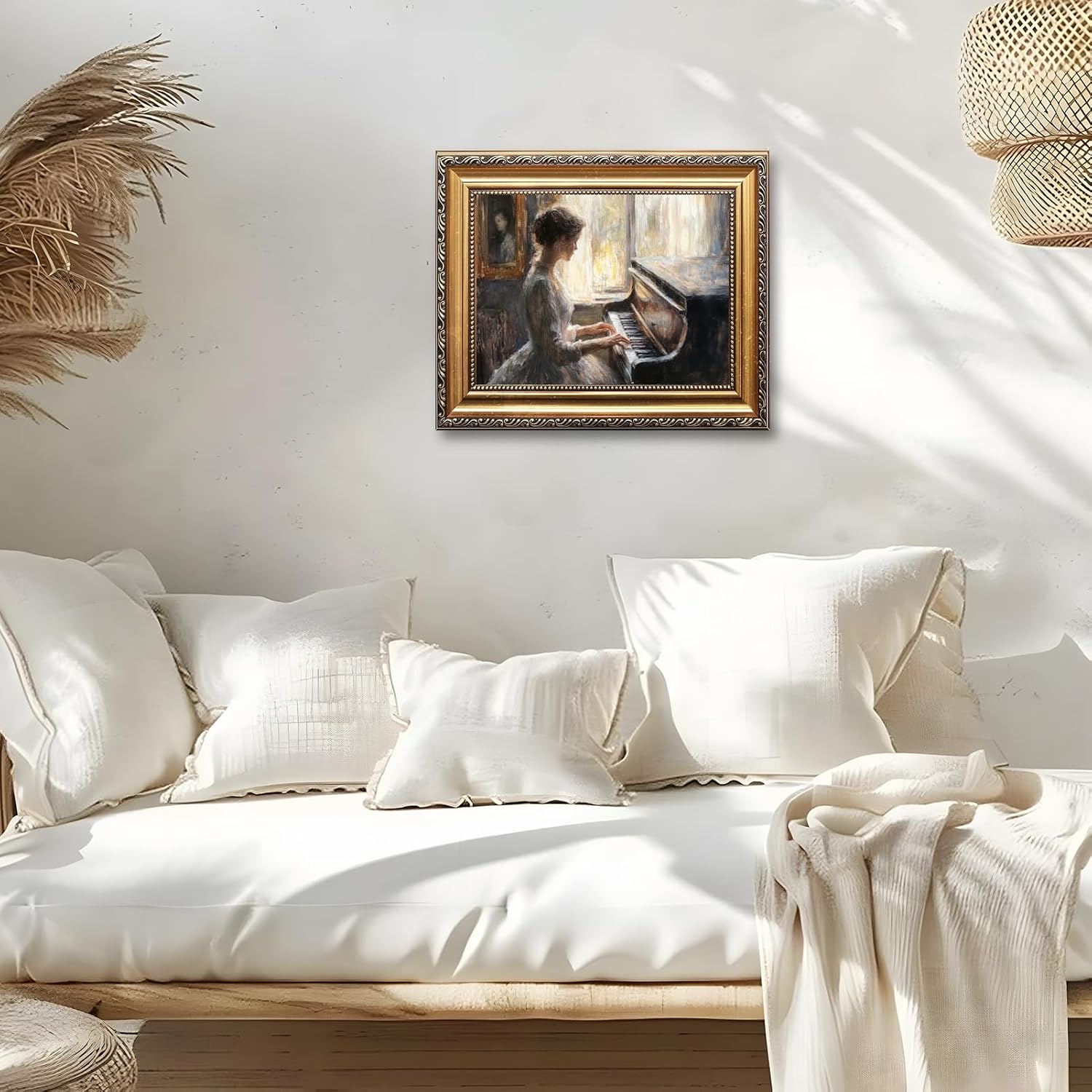 Large Framed Victorian Woman Piano Oil Painting Wall Art Elegant Lady by Window Canvas Print Classical Music Poster Room Decor Vintage European Picture Artwork for Living Room Bedroom 24x36inch