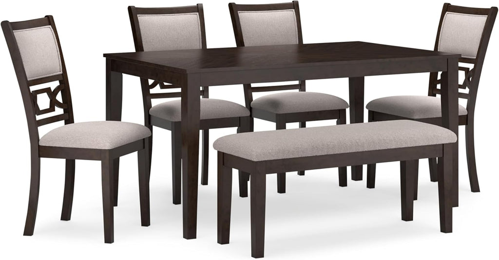 Signature Design by Ashley Langwest Dining Room Table Set, 4 Upholstered Chairs and Bench, Seats 6, Cushioned Seats, Wood, Cherry Brown