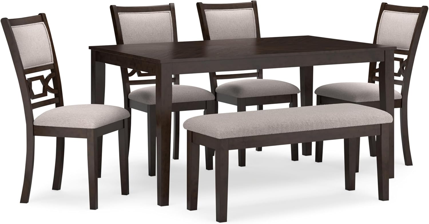 Signature Design by Ashley Langwest Dining Room Table Set, 4 Upholstered Chairs and Bench, Seats 6, Cushioned Seats, Wood, Cherry Brown