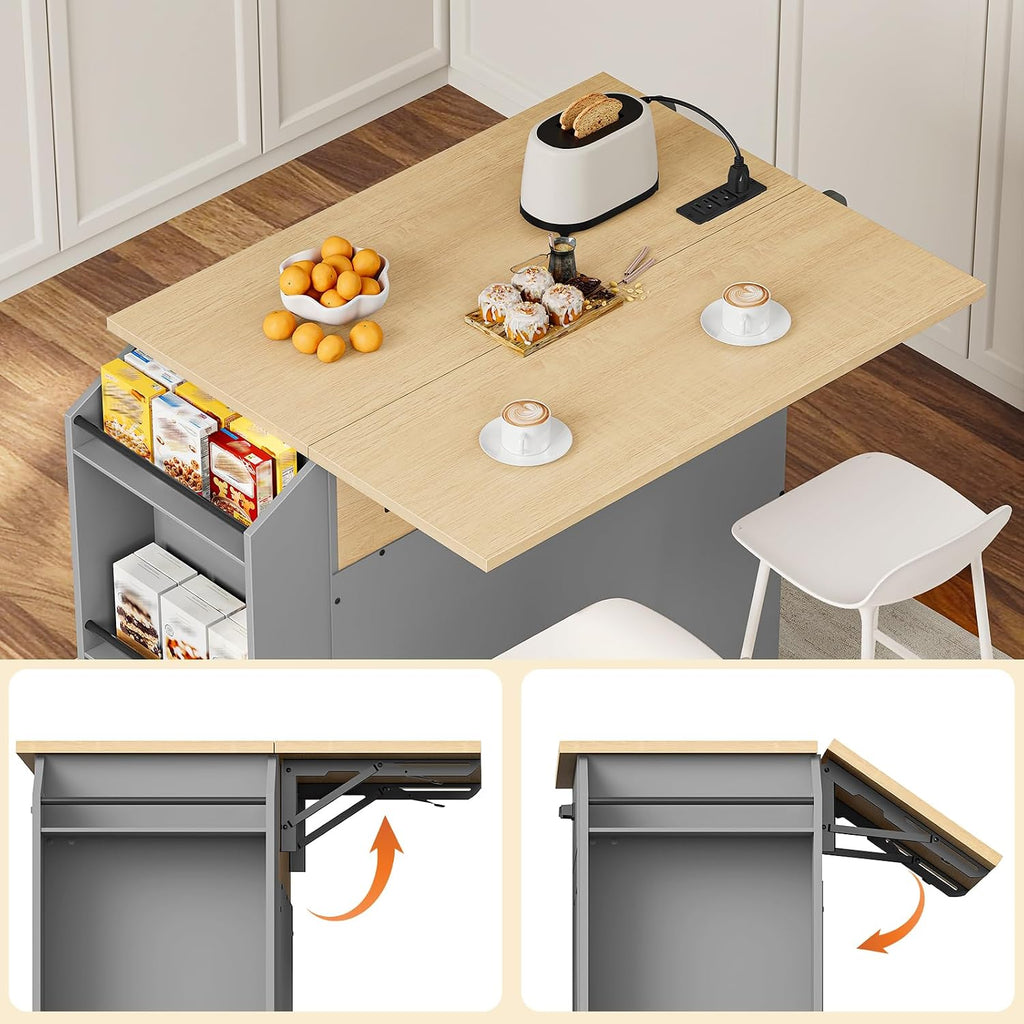 HOOBRO Kitchen Island with Drop Leaf Countertop & Power Outlet, Rolling Island Cart on Wheels, Kitchen Cart with Drawer & Spice Rack, Mobile Island Table for Kitchen, Natural and Grey GN86UZD01
