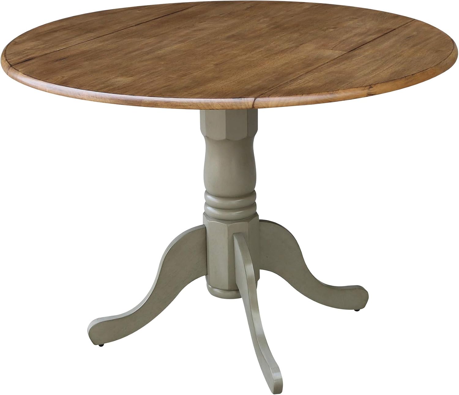 IC International Concepts, 42' Round Dual Drop Leaf Pedestal Dining Table, Solid Real Wood, Sturdy Parawood, Distressed Hickory/Stone