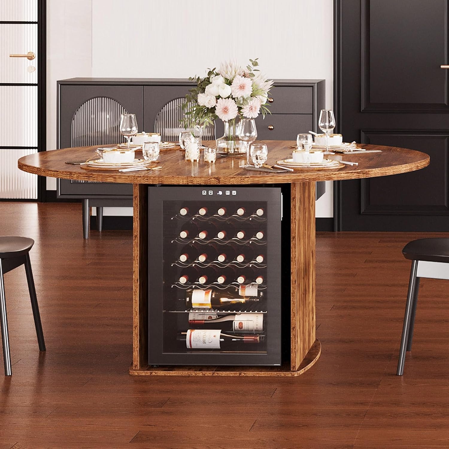 IBF Round Dining Table with Storage, Wood Kitchen Table with Fridge Space, Rustic Circle Dining Room Tables for 4-6, Farmhouse Circular Dinner Tables for Home, Rustic Brown, 47 Inch, Only Table