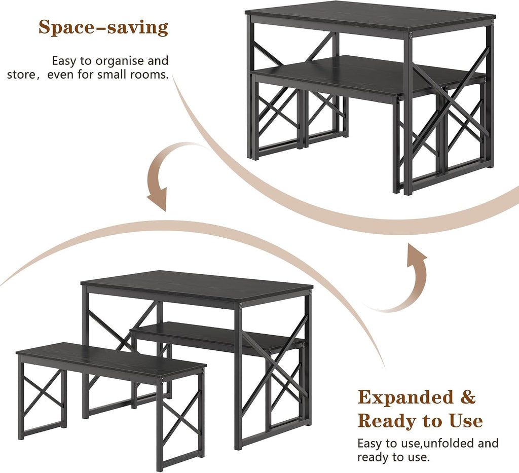 VECELO 43.3' Kitchen Dining Table Set for 4, Heavy-Duty Steel Frame & Wood-Grain Tabletop, Spaving Saving Dinette Sets with 2 Benches for Breakfast Nook and Small Space, Black