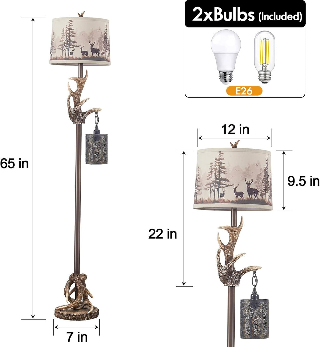 Rustic Deer Antlers Floor Lamps with Forest-Style Nightlight Finish Shade Lamps, Vintage Farmhouse Antlers Floor Lamp for Living Room Bedroom Office Study House (Bulbs Included)