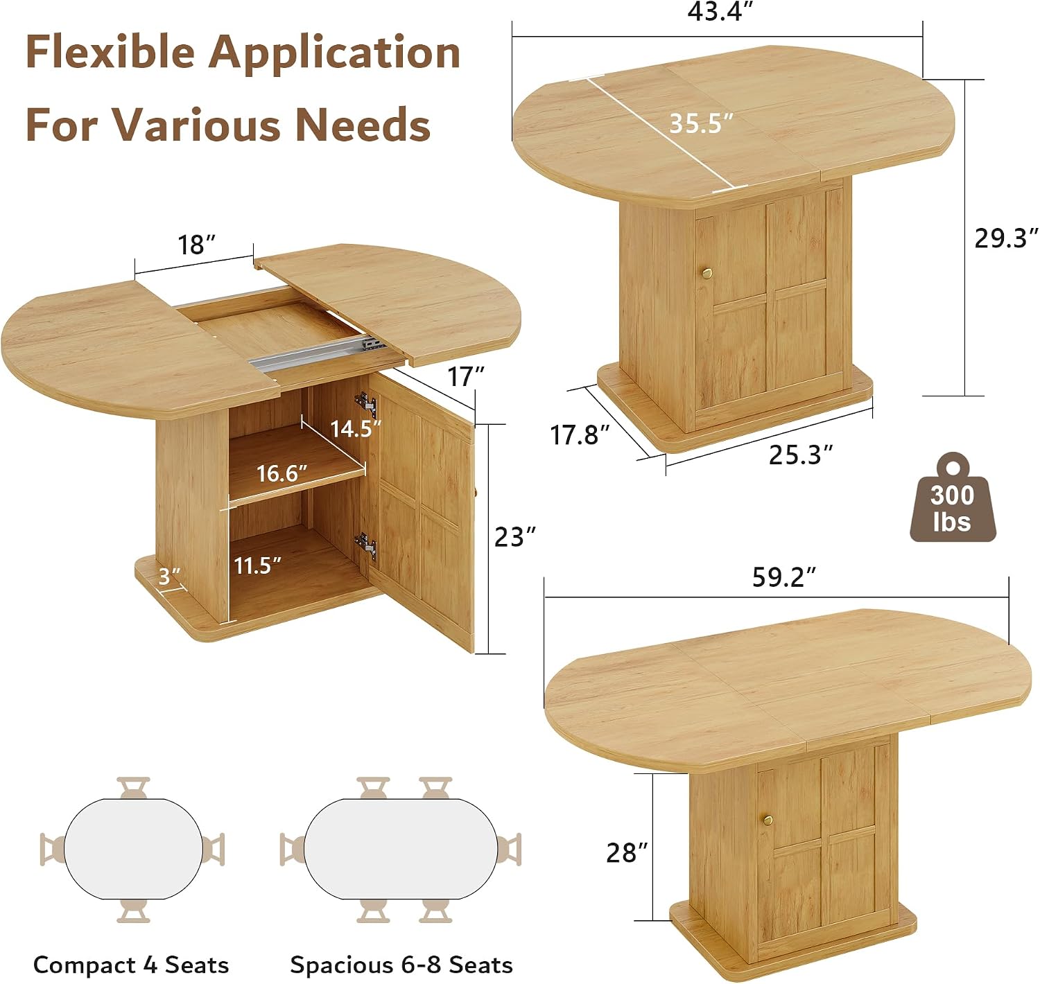 iPormis Round Dining Table for 4-6, 59'' Extendable Dining Room Kitchen Table with 2-Tier Storage Shelf, Modern Wood Dinner Table with Door & Pedestal Base, for Kitchen Living Room, Space Saving, Oak