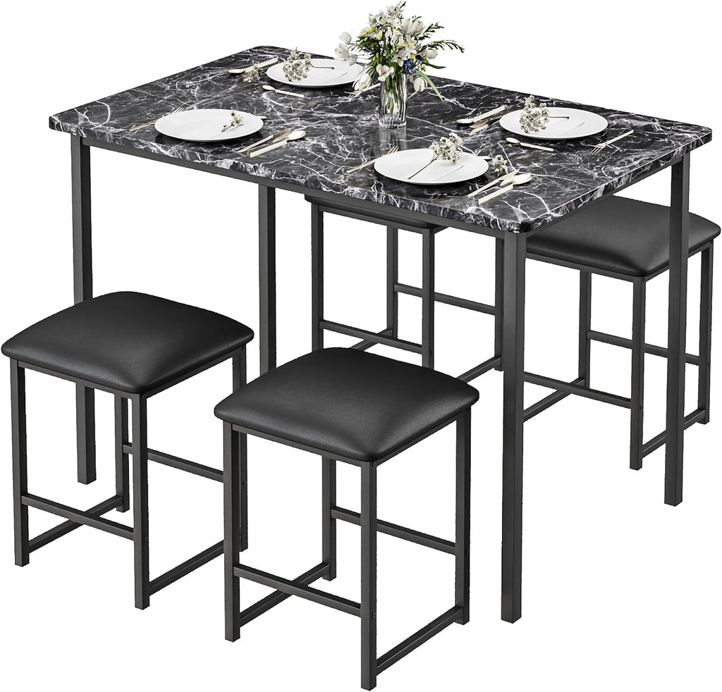 VECELO Kitchen Table and Chairs for 4, Dining Room Set with PU Chairs/Stools, Heavy-Duty Metal Frame, Faux Marble Tabletop, Space-Saving Design for Small Spaces, Easy Assembly, Veined Black