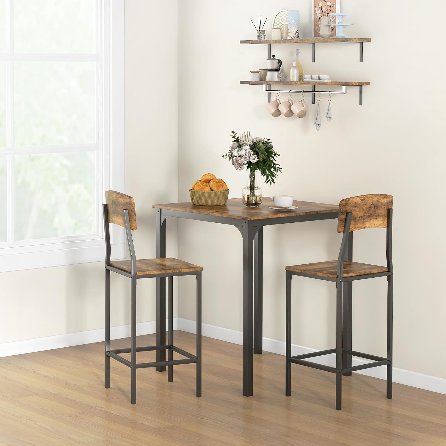 HOMCOM 3-Piece Counter Height Bar Table with Space-Saving Design, Square Kitchen Table and Chairs Set with Footrest, Metal Legs, Industrial Dining Table Set for 2, Rustic Brown and Black