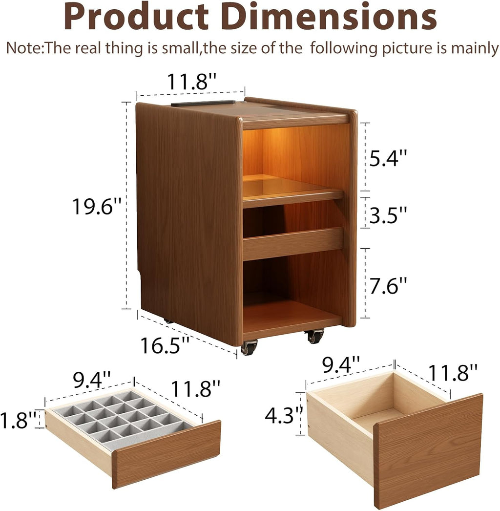 Walnut Nightstand,LED Nightstand with Charging Station,Narrow Bedside Table with Jewelry Box,Small Night Stand with Wheels,Modern Night Stand for Bedroom,Living Room,Dressing Room