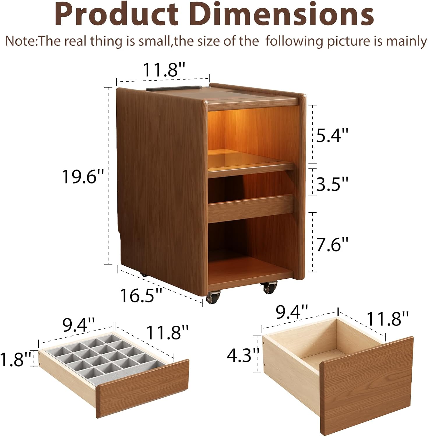 Walnut Nightstand,LED Nightstand with Charging Station,Narrow Bedside Table with Jewelry Box,Small Night Stand with Wheels,Modern Night Stand for Bedroom,Living Room,Dressing Room