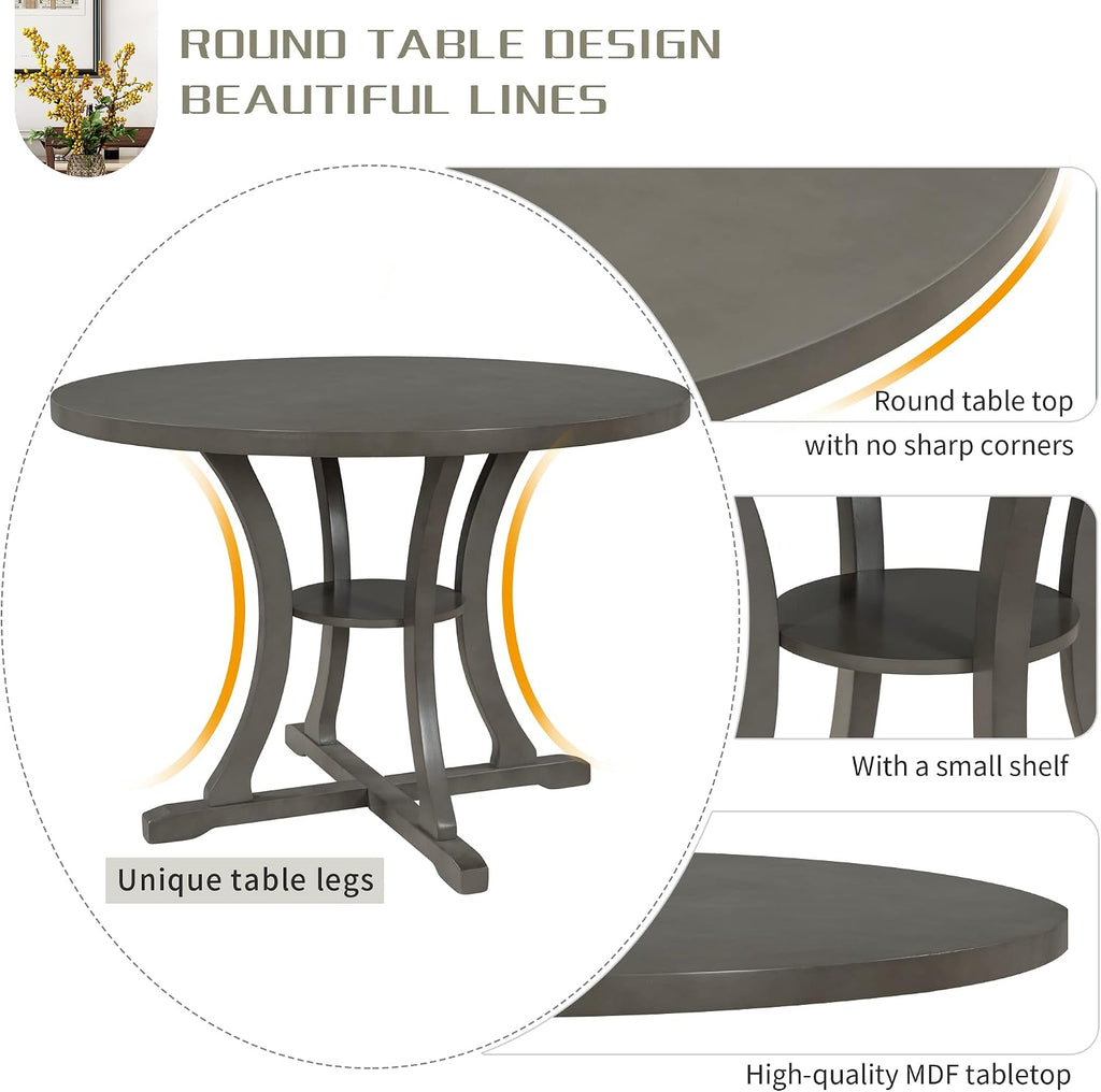 LUMISOL 5-Piece Round Dining Table Set for 4-6 Person, Farmhouse Kitchen Table Set with Special Shaped Legs and 4 Upholstered Chairs for Kitchen, Dining Room, Small Space, Grey