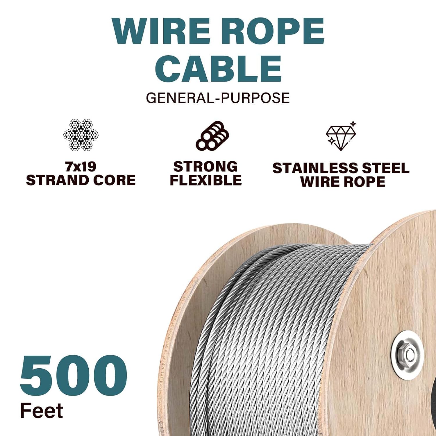 3/16 Wire Rope, 500ft 3/16 Stainless Steel Cable Wire, 7X19 Strand Aircraft Cable Wire Rope Kit, 3700lbs Breaking Strength 3/16 Steel Cable with 3/16 Cable Clamps,Thimble for Deck Railing Shade Sails