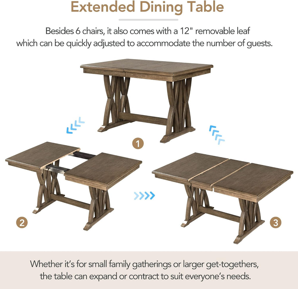 Merax Mid-Century 7-Piece Dining Table Set, Extendable Kitchen Table Set with Upholstered Chairs Set for 6, Golden Brown+Gray
