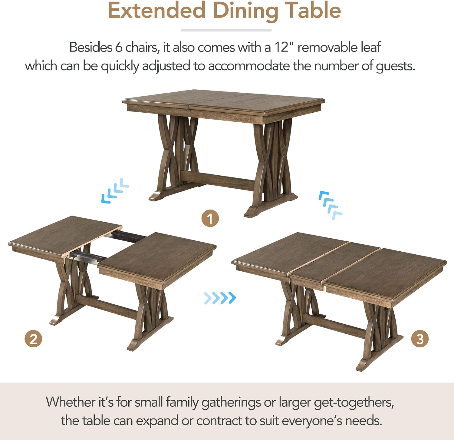 Merax Mid-Century 7-Piece Dining Table Set, Extendable Kitchen Table Set with Upholstered Chairs Set for 6, Golden Brown+Gray