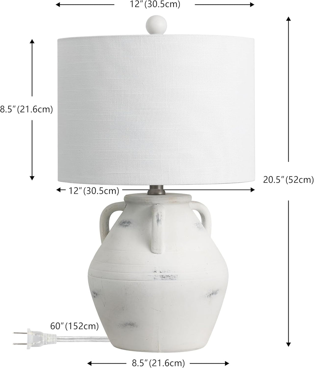 JONATHAN Y 20.5' White Ceramic Pottery Jar Table Lamp Set of 2 for Bedroom Living Room, Rustic Coastal French Country Cottage Style, White Linen Shade, LED Bulbs Included JYL5502A-SET2