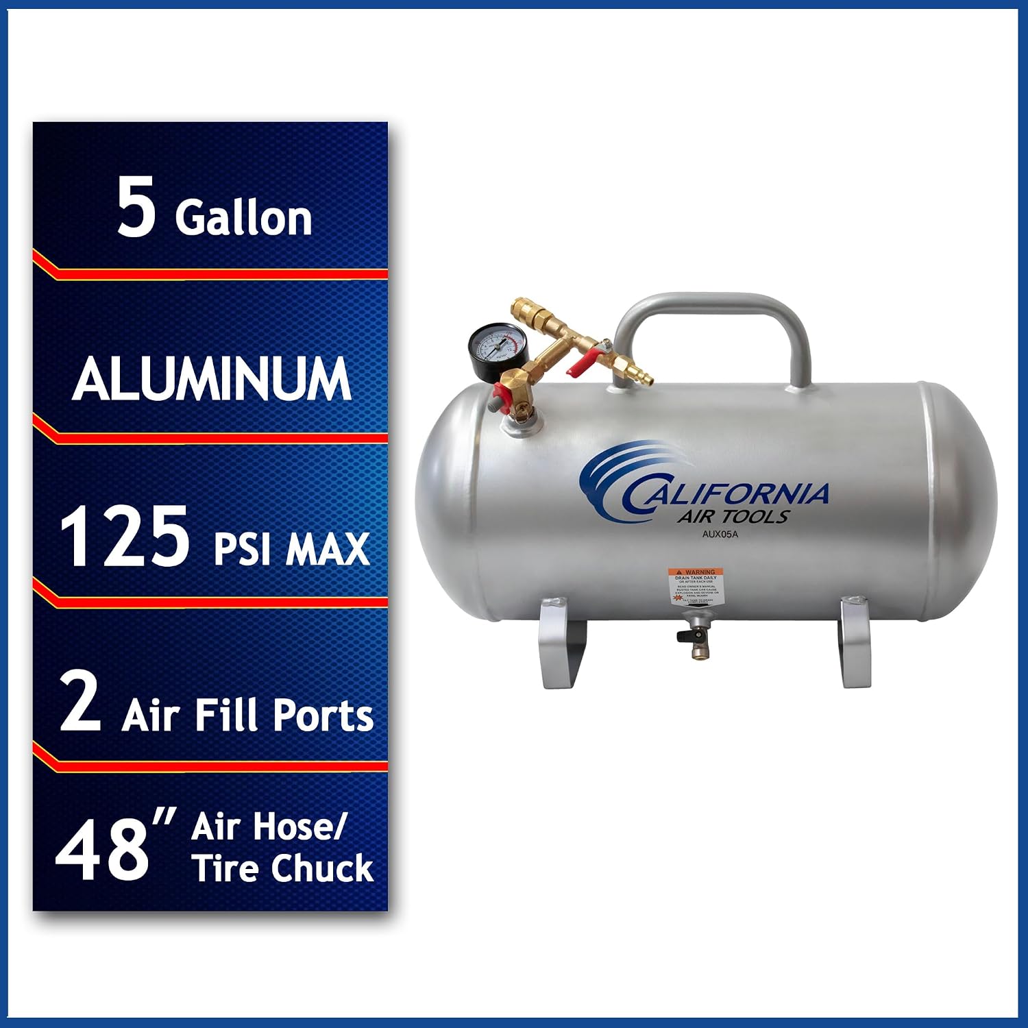 California Air Tools CAT-AUX05A Lightweight Portable Aluminum Air Tank, 5 Gallon, Silver