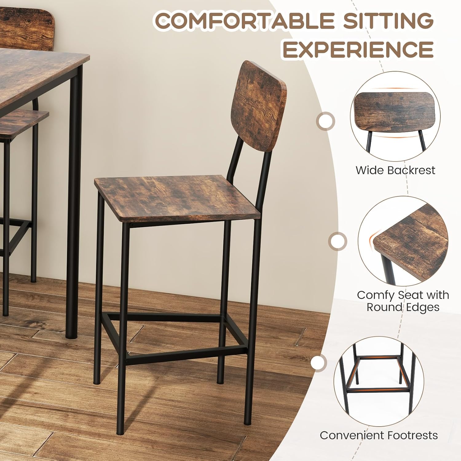 Giantex 5-Piece Dining Table Set W/Counter Height Table & 4 Bar Stools, Industrial Kitchen Dining Set W/Footrest & Backrest, Space-Saving Dinette Set for Pub, Dining Room, Restaurant (Mix Brown)
