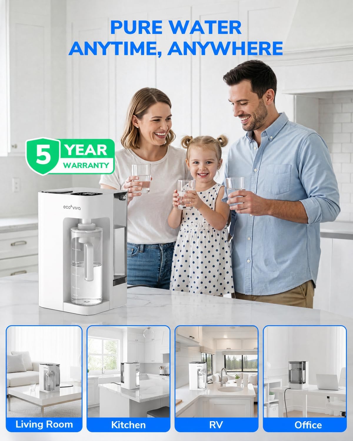 Ecoviva Mate 3 UV Countertop Reverse Osmosis Water Filter with 2 Auto-Fill Pitchers, 9-Stage RO Filtration System, Installation-Free, Reduces TDS, 3:1 Pure-to-Drain Ratio, Home & Kitchen, White