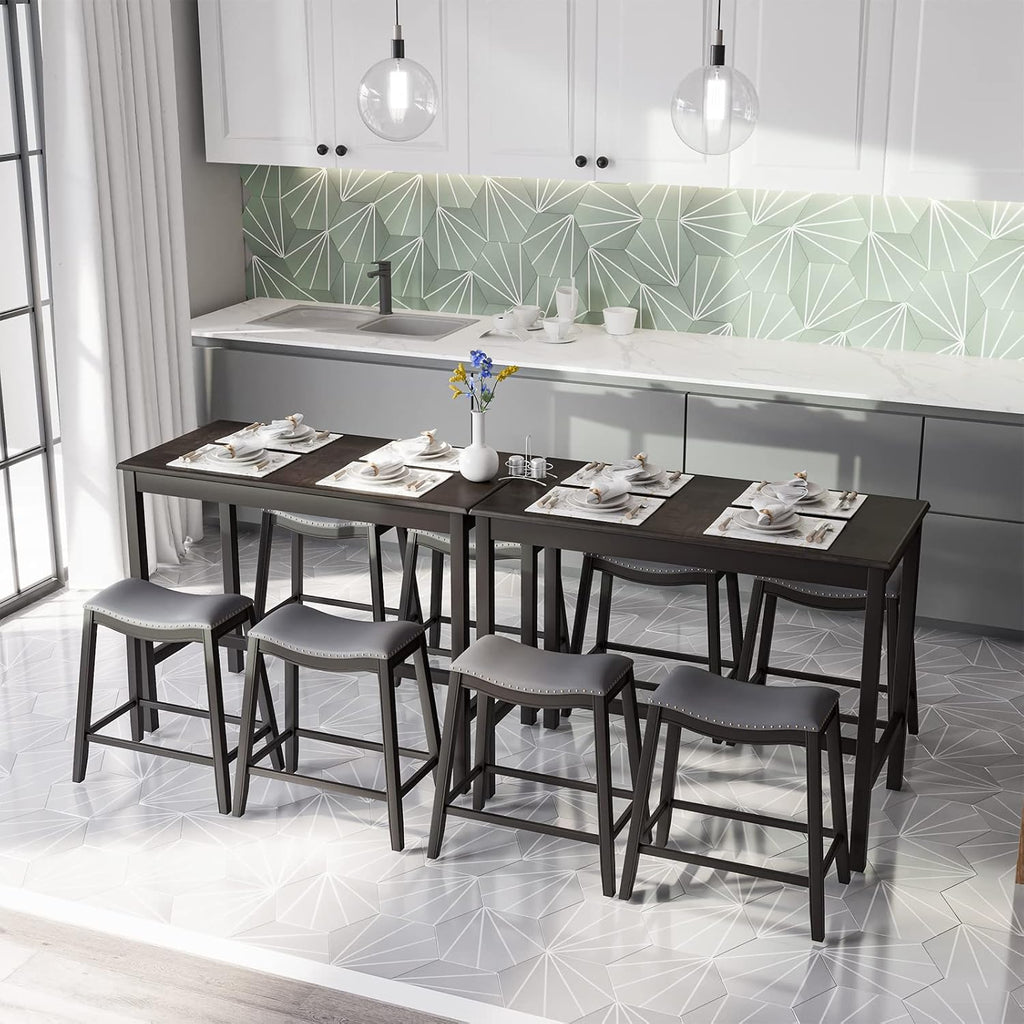 COSTWAY 5-Piece Dining Table Set for 4, Counter Height Breakfast Table and Upholstered 4 Saddle Stools, Space-Saving Design, Rubber Wood Pub Dinette Set for Bistro Dining Room Small Space, Black+Grey