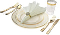 ' OCCASIONS ' 1080 pcs/120 Guest-Full Tableware Set - Wedding Disposable Plastic Plates Silverware, Clear Tumblers & Linen Feel Napkins w/Metal Napkin Rings (Combo D, Ivory & Gold Rim)