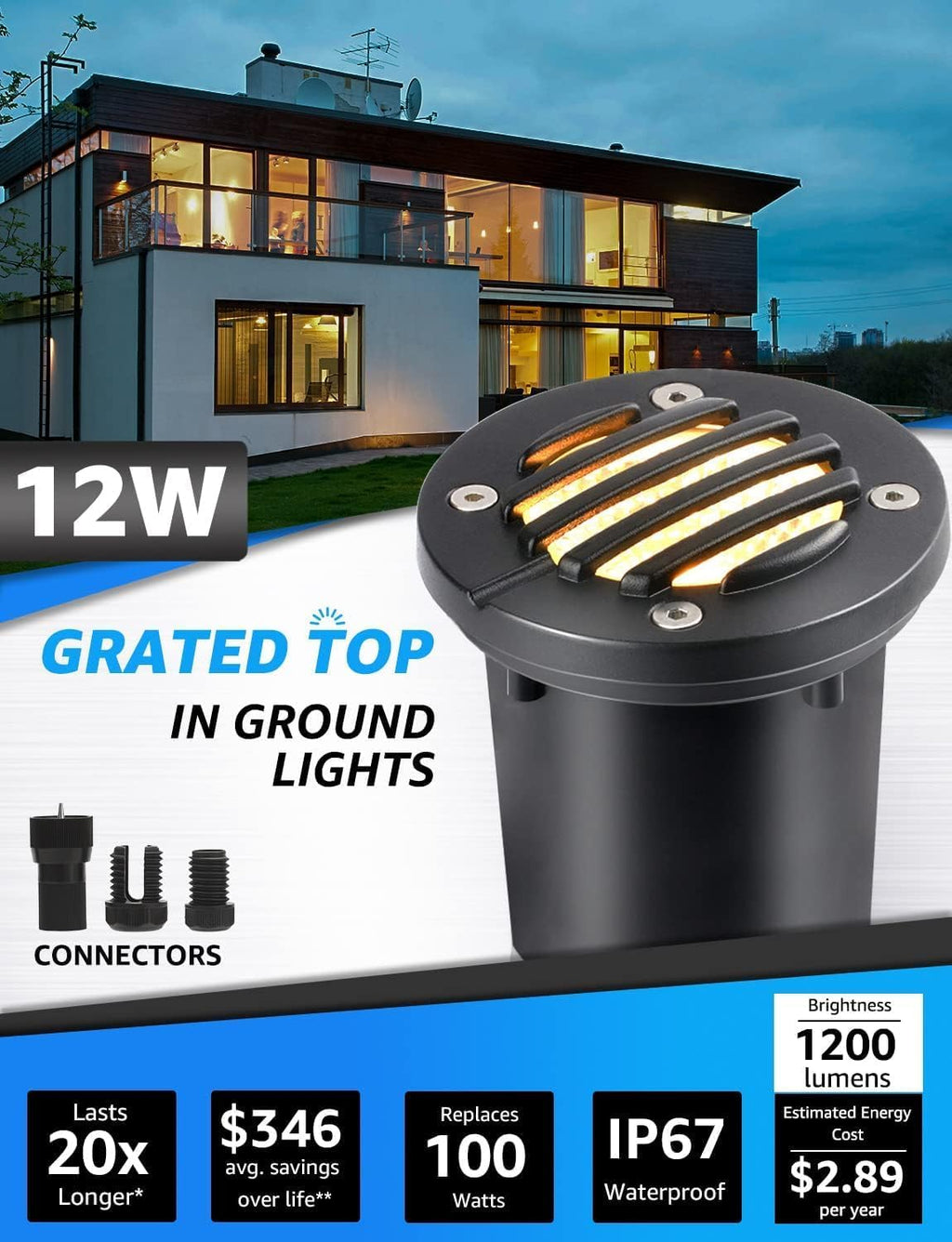 SUNVIE 12W Low Voltage Landscape Lighting with Connectors 1200LM Ultra Bright Well Lights Landscape LED In Ground Waterproof Outdoor Warm White Paver Lights for Garden Yard Driveway 12 Pack
