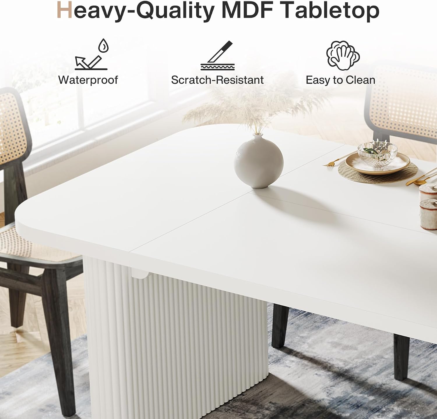 Tribesigns Modern Dining Table for 6 People, 62-Inch Wood Kitchen Table with Double Robust Pedestal, Large Rectangle Wooden Dinner Table for Dining Room (White)