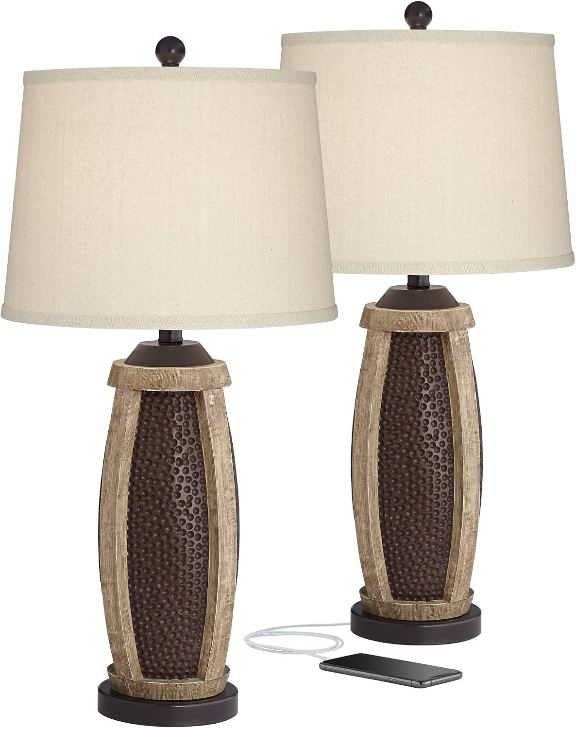 John Timberland Parker Rustic Farmhouse Table Lamps 28.5' Tall Set of 2 with USB Port Hammered Oil Rubbed Bronze Wood Accents Oatmeal Tapered Drum Shade for Cottage Core Living Room Bedroom Bedside