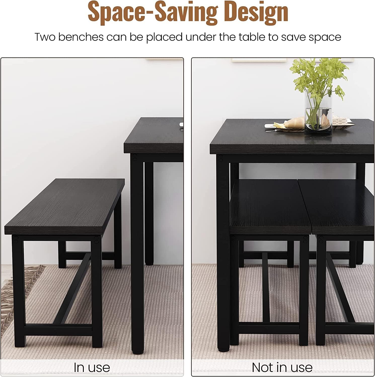Dining Room Table Set with 2 Benches, Farmhouse Dining Table Set for 4-6, Wood Breakfast Table Set Dinner Table Set Kitchen Table and Chairs for Breakfast Nook Small Spaces, Black