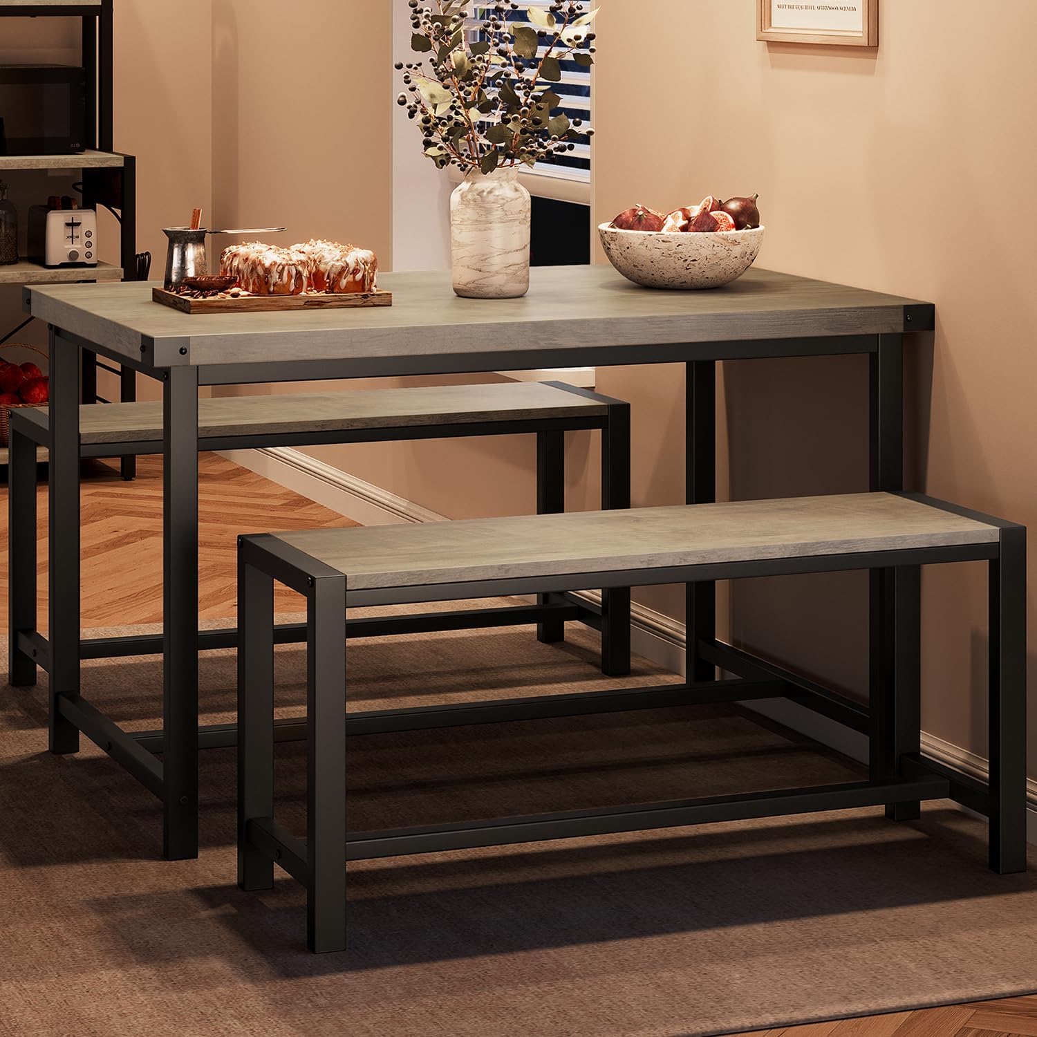 IDEALHOUSE Dining Table Set for 4, Kitchen Table with Benches, Rectangular Dining Room Table Set with 2 Metal Wood Benches, 3 Piece Dining Table Set for Small Space, Apartment, Dinette, Retro Gray