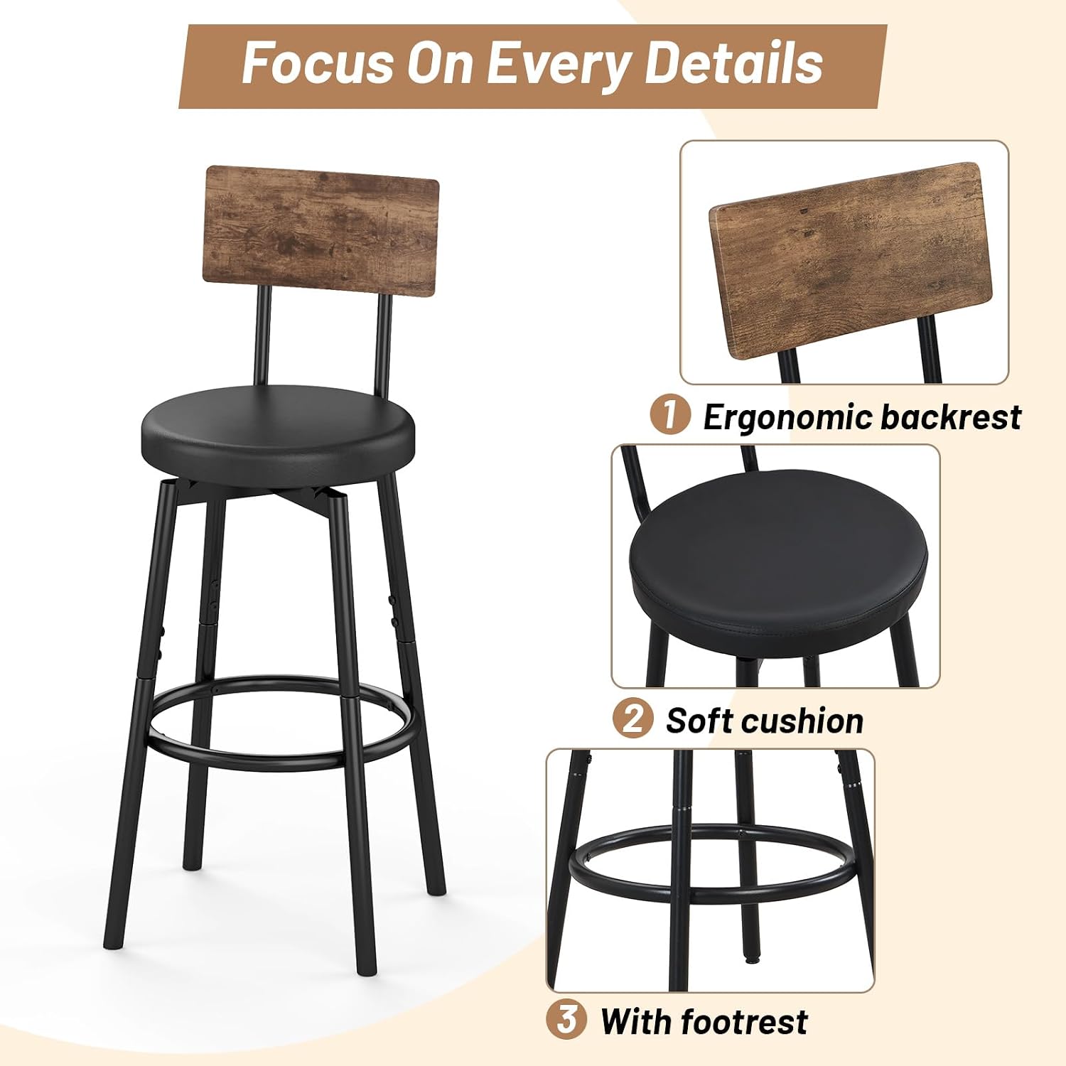 Zevemomo Dining Table Set for 4, 5-Piece Bar Table Set, Kitchen Table and Chairs, Counter Height High Top Table with 4 PU Upholstered Stools, Space-Saving Pub Table Sets for Small Space, Brown