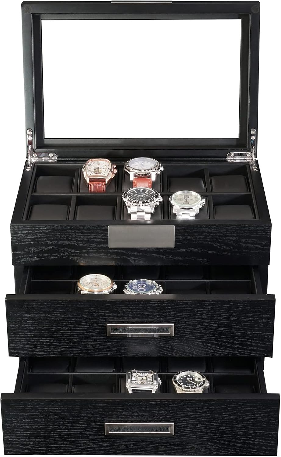 TIMELYBUYS 30 Black Ebony Wood Watch Extra Height Clearance Box Display Case 3 Level Storage Jewelry Organizer with Glass Top, Stainless Steel Accents, and 2 Drawers