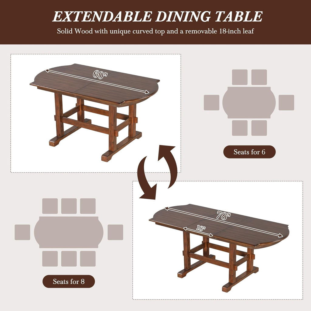 Merax 6 Pieces Dining Table Set, Extendable Wood Dining Room Set with Bench, Kitchen Table Set with Removable Leaf and 4 Upholstered Dining Chairs, Espresso+Beige