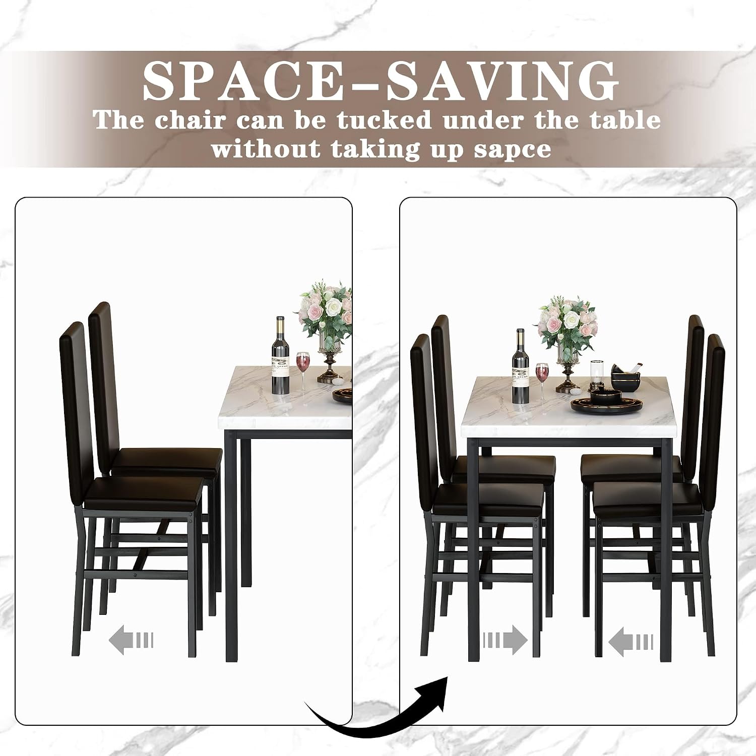 Hooseng Dining Table Set for 4, Modern Faux Marble Kitchen Table with 4 PU Leather Chairs, 5 Piece Dining Room Sets for Dinette, Breakfast Nook, Black