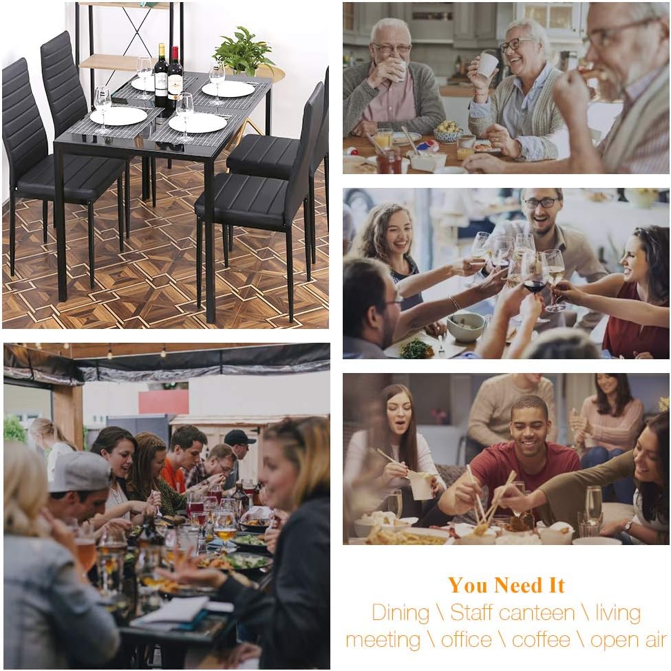 PayLessHere Dining Room Table Set 5-Piece Kitchen with 4 Faux Leather Metal Frame Chairs Rectangular Modern for Small Spaces w/Glass Tabletop Kitchen Table and Chairs, Black Glass