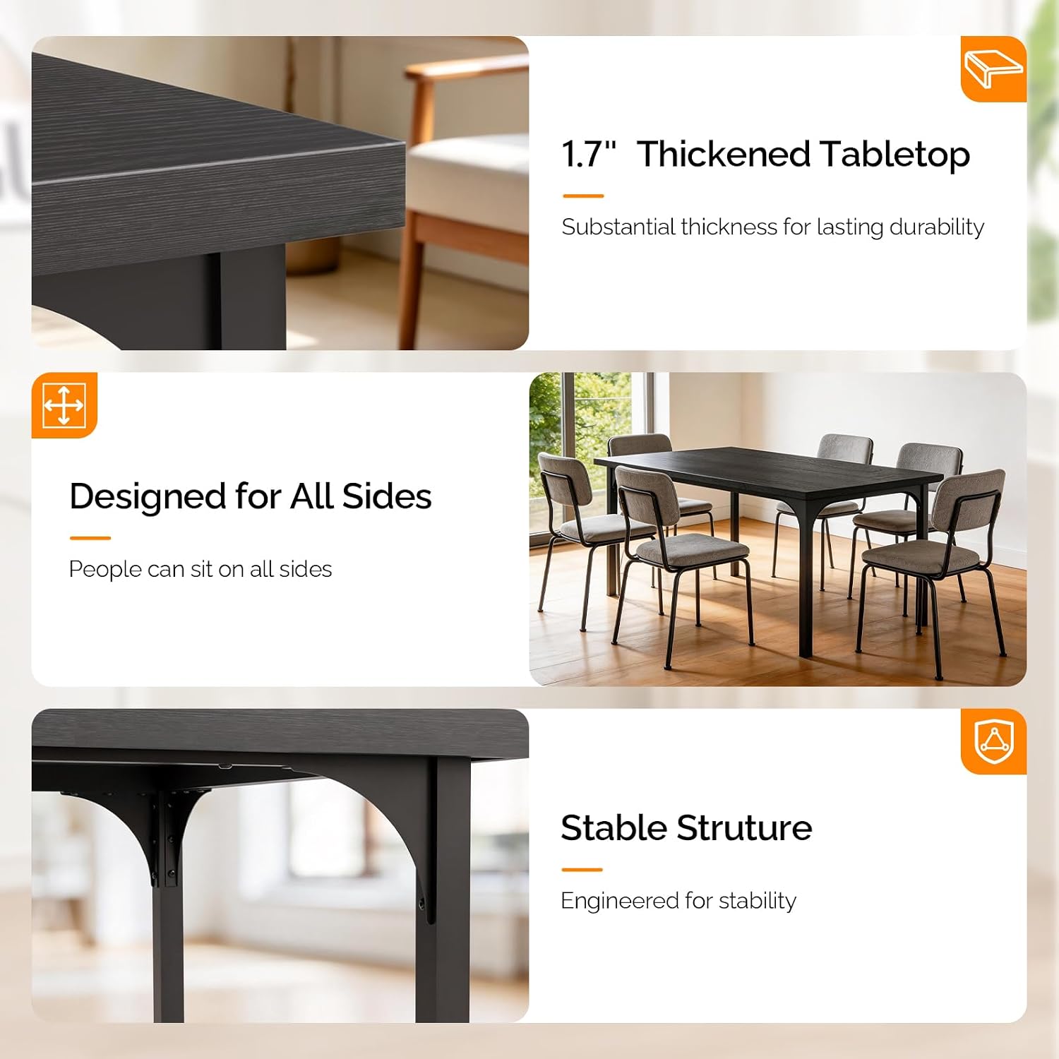 VINGLI Large Dining Table for 8, 70.8in Long Kitchen Table, Rectangular Dinner Table for Dining Room, Farmhouse Wood Kitchen Table for Family Home Office, Black