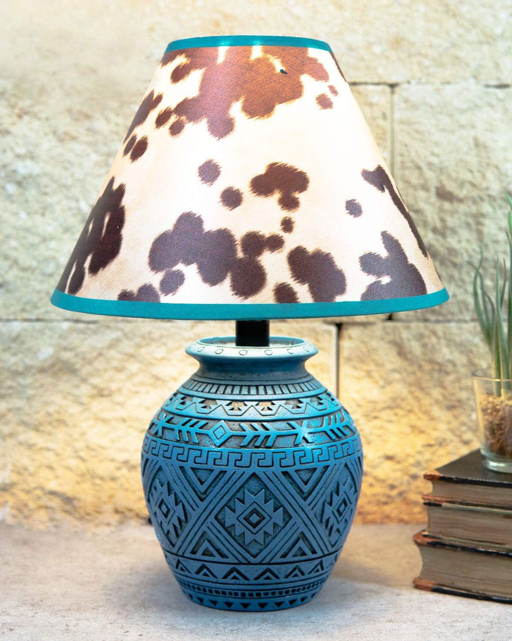 Ebros Blue Southwest Tribal Navajo Turquoise Vector Geometric Design Petite Vase Shaped Desktop Side Table Lamp With Faux Cow Print Shade 15'H Native Indian Country Western Home Accent Lighting Decor
