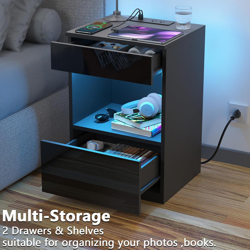 HOMMPA Set of 2 Open Shelf LED Nightstand with Charging Station 2 Drawers Bedside Table Black Night Stand with Storage Smart Nightstands High Gloss Night Table with Led Light for Bedroom Furniture
