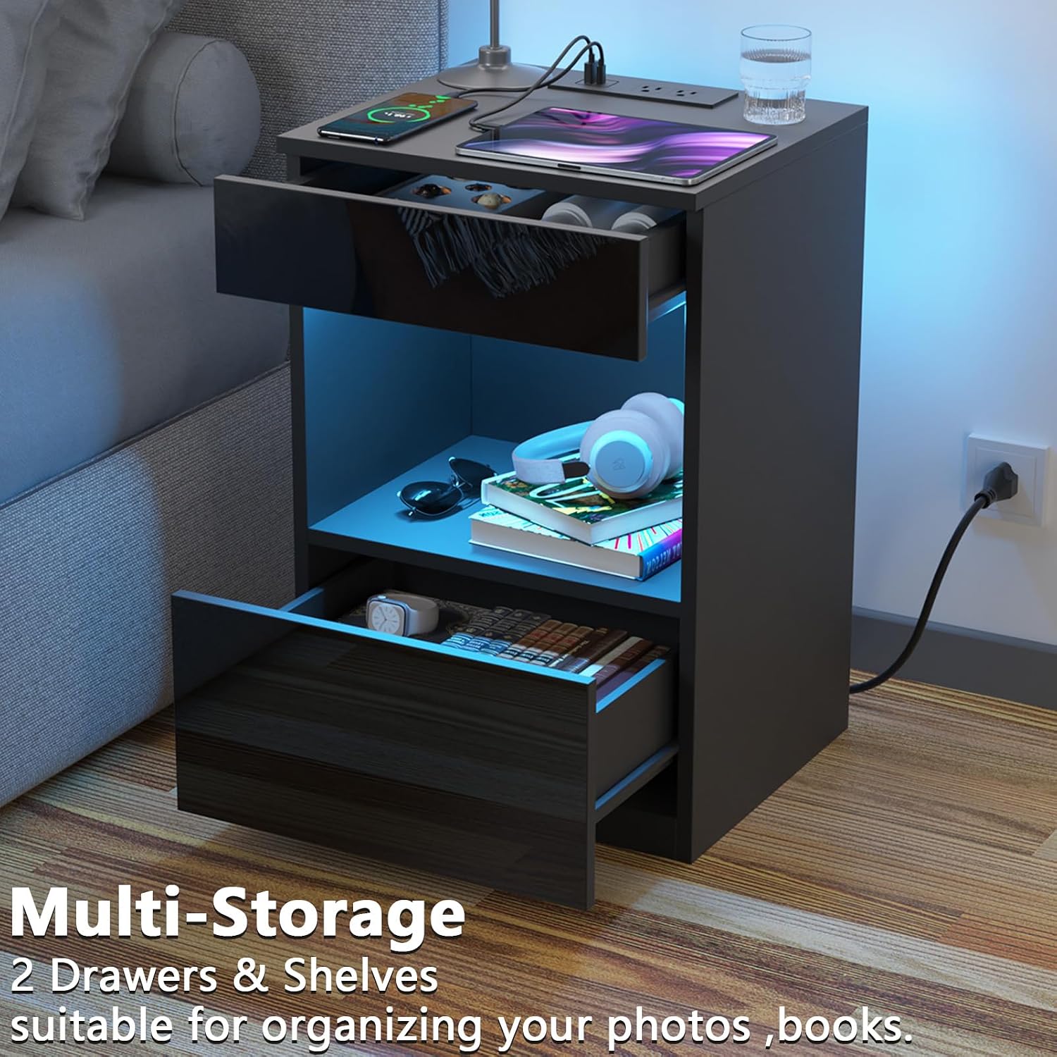 HOMMPA Set of 2 Open Shelf LED Nightstand with Charging Station 2 Drawers Bedside Table Black Night Stand with Storage Smart Nightstands High Gloss Night Table with Led Light for Bedroom Furniture