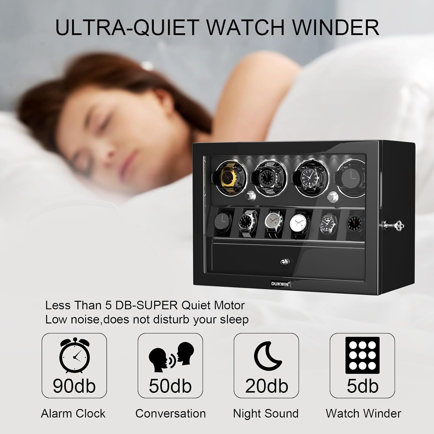 DUKWIN Watch Winder for 4/6/8 Automatic Watches, Lockable Winders with Watch Holders and Jewelry Storage, Super Quiet Motor with High-Gloss Finish, Built-in Illumination