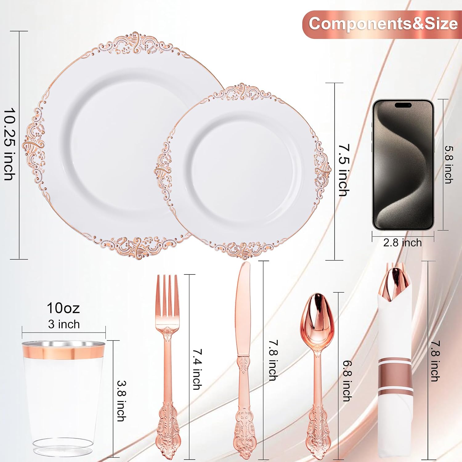 Nervure 700PCS Rose Gold Plastic Plates - Rose Gold Plastic Dinnerware Sets for 100 Guests - 200 White Disposable Plates, 300 Silverware, 100 Cups, 100 Napkins for Wedding & Party
