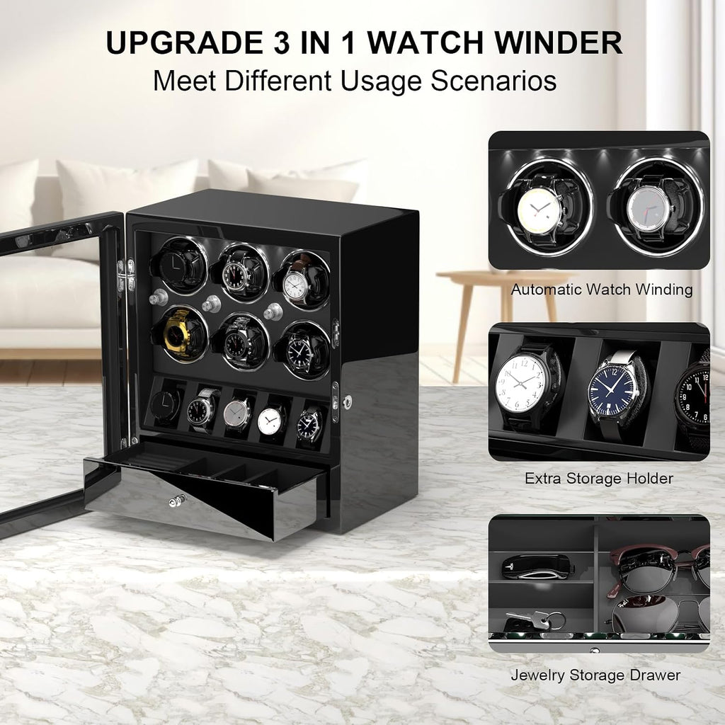 DUKWIN Watch Winder for 4/6/8 Automatic Watches, Lockable Winders with Watch Holders and Jewelry Storage, Super Quiet Motor with High-Gloss Finish, Built-in Illumination
