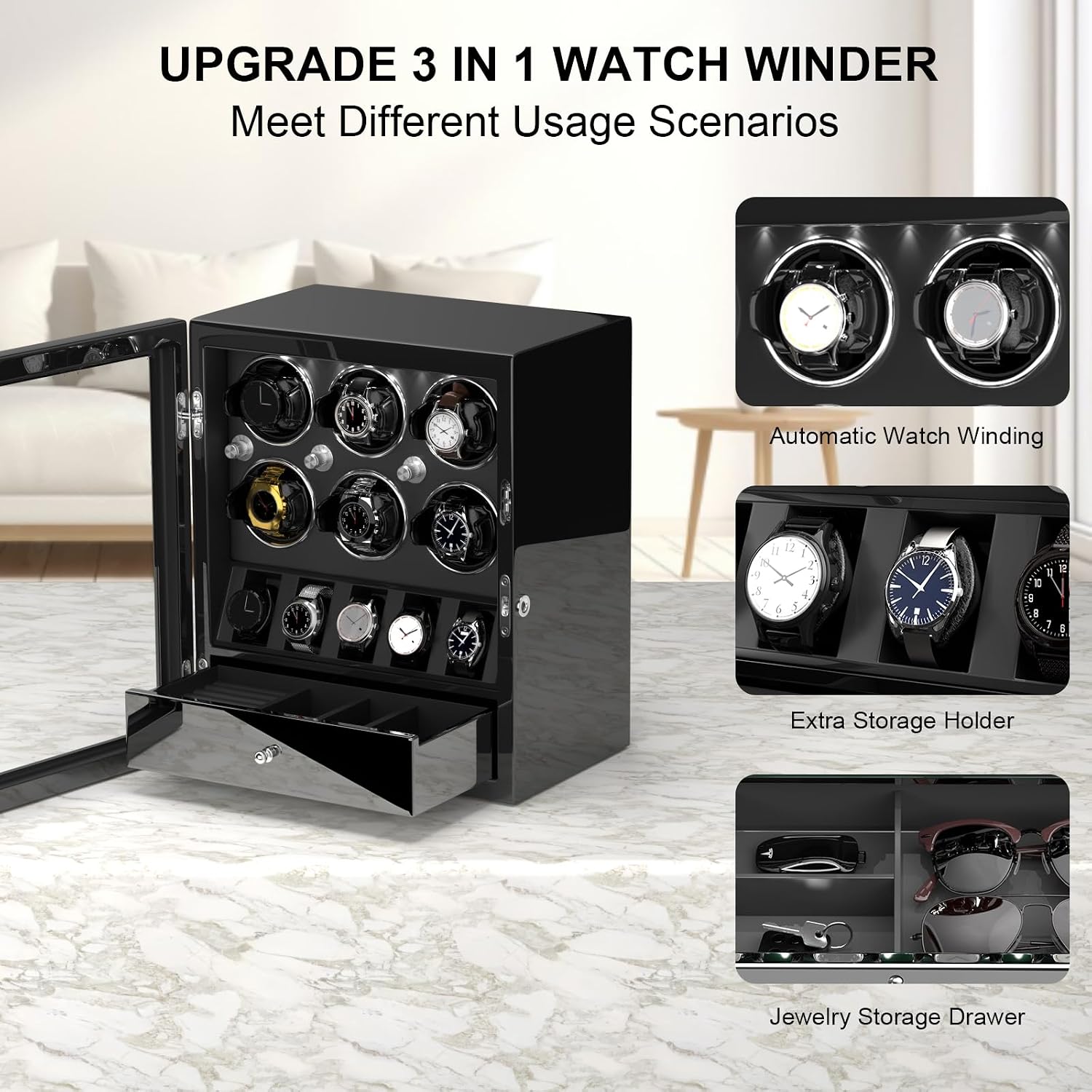 DUKWIN Watch Winder for 4/6/8 Automatic Watches, Lockable Winders with Watch Holders and Jewelry Storage, Super Quiet Motor with High-Gloss Finish, Built-in Illumination
