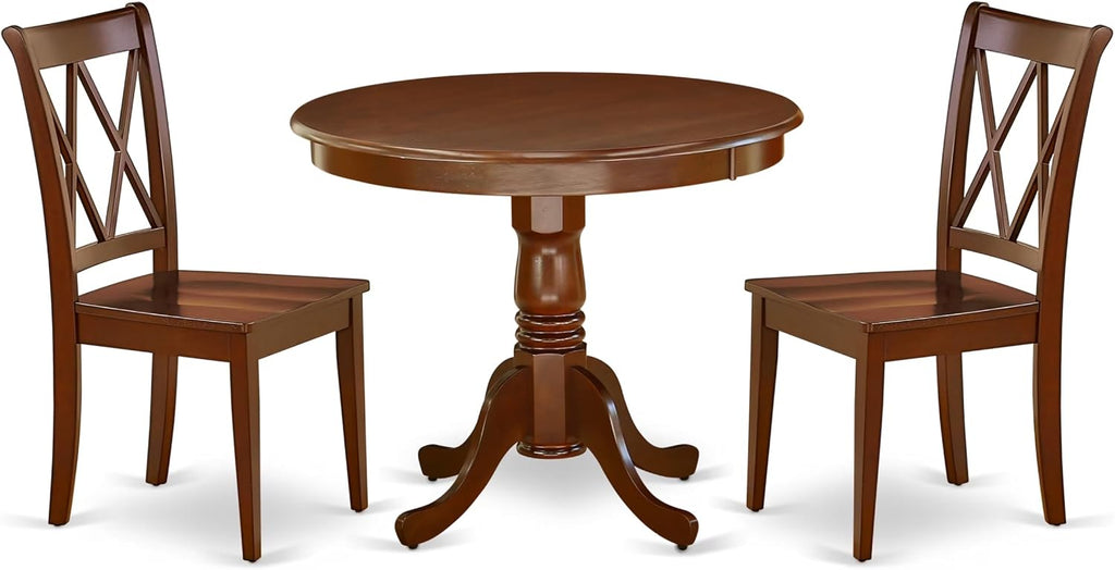 East West Furniture ANCL3-MAH-W 3 Piece Dinette Set for Small Spaces Contains a Round Dining Room Table with Pedestal and 2 Kitchen Dining Chairs, 36x36 Inch, Mahogany