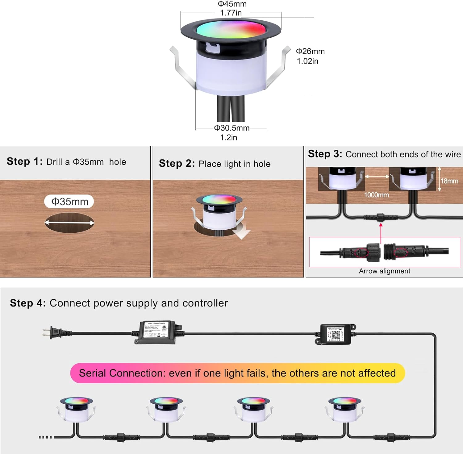 FVTLED Recessed LED Deck Lights Kit, Φ1.77 Low Voltage WiFi Pixel RGBW+IC Deck Lighting Work with Alexa/Google Home, IP67 Waterproof Outdoor Step Lights DC12V for Garden,Steps,Stair(50 Pack, Black)