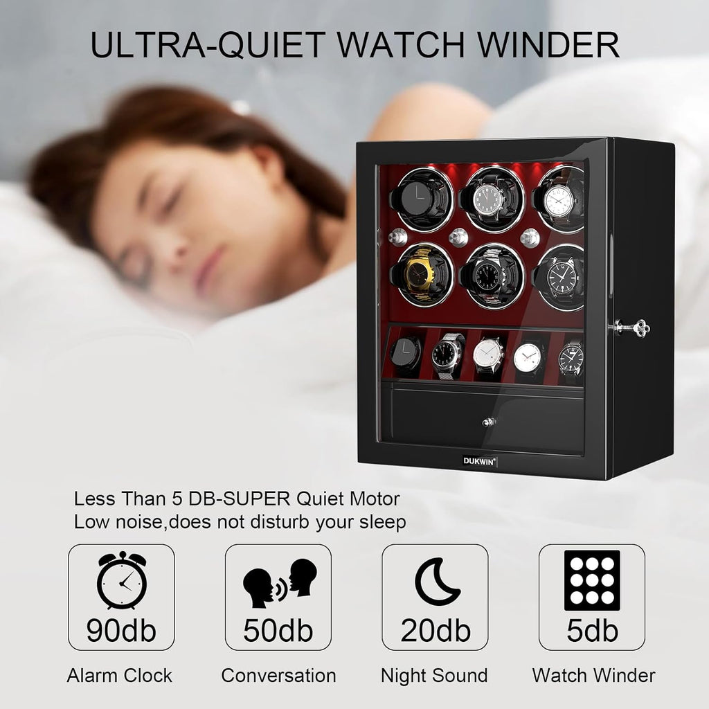 DUKWIN Watch Winder for 4/6/8 Automatic Watches, Lockable Winders with Watch Holders and Jewelry Storage, Super Quiet Motor with High-Gloss Finish, Built-in Illumination
