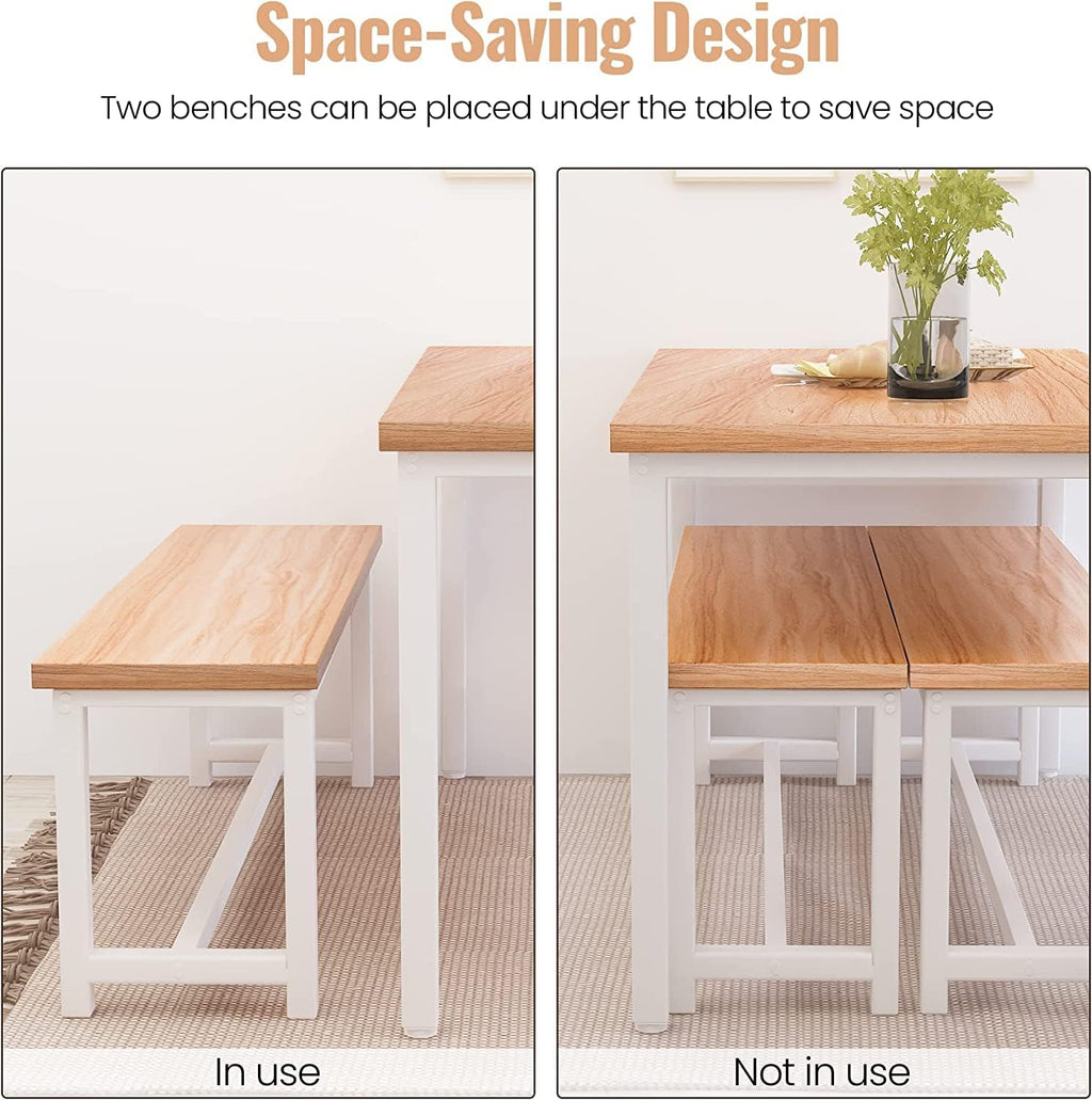 Dining Room Table Set with 2 Benches, Farmhouse Dining Table Set for 4-6, Wood Breakfast Table Set Dinner Table Set Kitchen Table and Chairs for Breakfast Nook Small Spaces, Beige