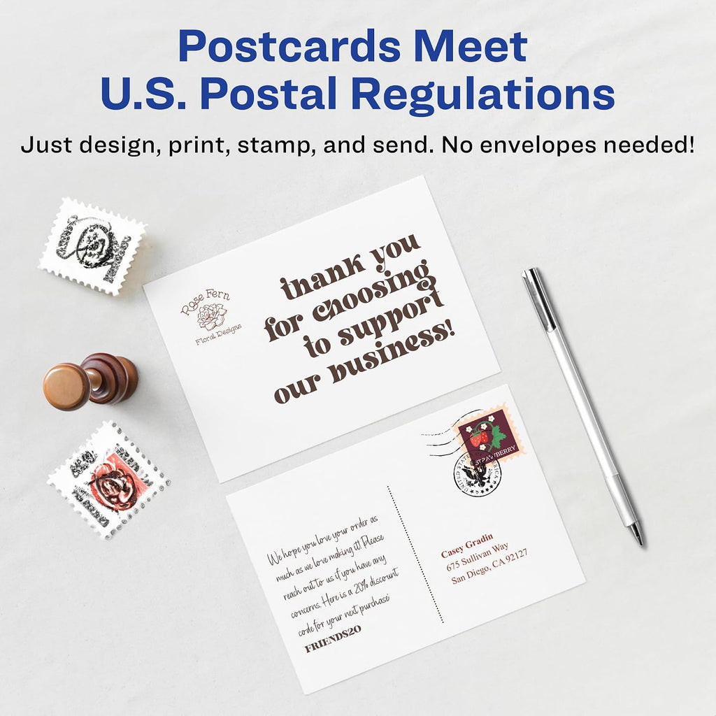 Avery Printable Postcards with Sure Feed Technology, 4' x 6', White, 6 Packs, 100 Cards per Pack, 200 Blank Postcards for Laser Printers Total (15389)