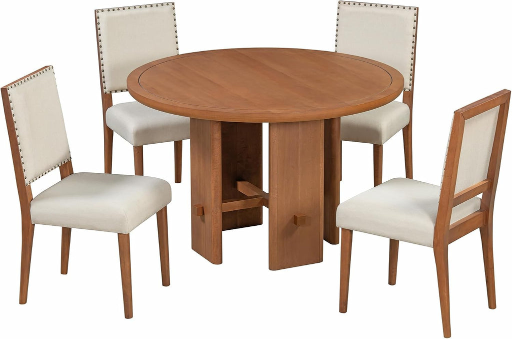Merax 5-Piece Round Dining Table Set for 4, Minimalist Farmhouse Dining Table with 4 Upholstered Chairs, Kitchen & Dining Room Sets, Beige+Brown